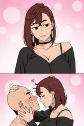 1girls age_difference ai ai_generated ayase_momo bald_male big_breasts black_shirt bra_strap brown_hair busty cheating cheating_female cheating_girlfriend cleavage cute dandadan earrings envia flirting hair_grab head_grab loose_clothes messy_hair momo_ayase muscular_male netorare ntr off_shoulder older_male plain_background romantic romantic_couple younger_female