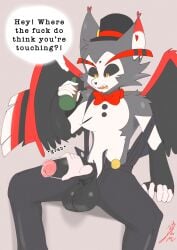 absurd_res anthro balls big_(disambiguation) black bow_(disambiguation) clothed clothing colored dialogue digital_drawing_(artwork) digital_media_(artwork) domestic_cat ear english_text eyes felid feline felis fur genitals hazbin heart_symbol hi_res holding_(disambiguation) humanoid husk inner invalid_tag male mammal multicolored_body multicolored_fur on open_mouth partially_(disambiguation) penis profanity red shoulder signature solo surprised symbol. tabascomilk tail text top_(disambiguation) tuft yellow