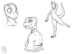 4:3 anthro blush breasts claws clothed clothing dancing digital_media_(artwork) female genitals kobold lizard lizard_tail multiple_images nateday nipples nude nude_anthro nude_female reptile scales scalie shannon_(bahumot) simple_background small_breasts smile solo tail topwear vulva