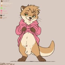 1:1 animal_genitalia anthro ball_tuft balls belly big_balls biped bottomless brown_body brown_fur clothed clothing clothing_lift cocky colored flat_colors fully_sheathed fur genitals green_eyes hoodie looking_away looking_sideways male mammal mustelid oddscreen otter penis penis_tip sheath smile smirk solo tail tan_body tan_fur tongue tongue_out topwear tuft