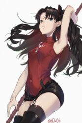 armpits arms_up bangs boots breasts brown_hair covered_navel cowboy_shot erect_nipples erect_nipples_under_clothes eyebrows_visible_through_hair fate/extra fate/stay_night fate_(series) female gae_bolg green_eyes hair_ornament hair_ribbon high_resolution lance long_hair looking_at_viewer medium_breasts miniskirt nipples one_arm_up parted_bangs polearm ribbon simple_background single_garter_strap skirt sleeveless sleeveless_turtleneck small_breasts solo tagme tattoo thigh_boots thighhighs tied_hair tohsaka_rin turtleneck twintails two_side_up weapon white_background you06