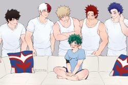 6+boys alternate_costume bakudeku bakugou_katsuki black_hair blue_hair blue_shorts boku_no_hero_academia collarbone commentary couch green_hair grey_background grin hand_up highres izuku_midoriya katsuki_bakugou looking_at_another male_focus meme midoriya_izuku multiple_boys muscular muscular_male my_hero_academia open_mouth pale_skin pants pillow piper_perri_surrounded_(meme) red_hair rin_(rinriemie) scar scar_on_arm shindo_yo shinso_hitoshi shirt shorts shouto_todoroki sitting smile spiked_hair standing sweat symbol-only_commentary t-shirt tank_top teeth tododeku todoroki_shouto translation_request white_hair white_pants white_shirt yaoi