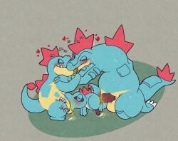 anal anal_sex argon_vile balls big_dom_small_sub blush bodily_fluids crocodilian croconaw dominant evolutionary_family feraligatr generation_2_pokemon genital_fluids genitals group group_sex heart_symbol hi_res kissing male male/male male_penetrated male_penetrating male_penetrating_male nintendo penetration penis pokemon pokemon_(species) reptile scalie sex size_difference threesome totodile urine watersports