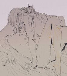 2girls arm_tattoo blush breasts clair_obscur:_expedition_33 commentary hand_on_another's_head highres hoj_duck leg_tattoo long_hair lune_(clair_obscur:_expedition_33) multiple_girls nipples open_mouth pussy_juice sciel_(clair_obscur:_expedition_33) sweat symbol-only_commentary tattoo yuri