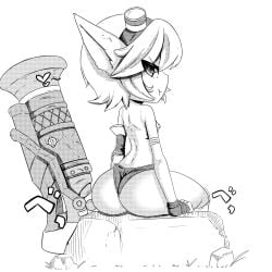 :t akatosh_el_shota_furro annoyed ass asymmetrical_sleeves back breasts cannon closed_mouth ear feet_out_of_frame female female_focus fingerless_gloves from_behind gloves goggles goggles_on_head hi_res huge_ass league_of_legends long_ears looking_at_viewer looking_back monochrome nipples no_bra on_rock outdoors panties petite pointy rock short_hair shortstack sitting small_breasts solo thighs topless_female tristana underwear weapon yordle
