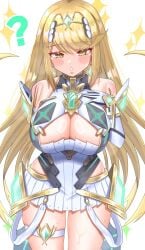 ? bare_shoulders blonde_hair blush breasts chest_jewel cleavage core_crystal_(xenoblade) cowboy_shot dress female highres large_breasts long_hair meipasuye mythra mythra_(xenoblade) short_dress simple_background skindentation solo sparkle thigh_strap tiara white_background white_dress xenoblade_(series) xenoblade_chronicles_(series) xenoblade_chronicles_2 yellow_eyes