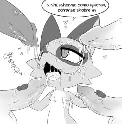 4boys after_fellatio akatosh_el_shota_furro bukkake cum cum_in_mouth cum_on_body cum_on_upper_body cum_string double_handjob ejaculation facial generation_8_pokemon handjob hi_res human human_on_feral looking_at_penis looking_up monochrome multiple_boys nickit nintendo open_mouth penis pokemon pokemon_(species) pokephilia simple_background spanish_text surrounded_by_penises translated uncensored upper_body zoophilia