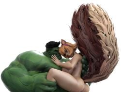 1boy1girl green_hair green_skin hulk marvel muscular_male squirrel_girl_(marvel)