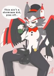 2024 absurd_res anthro arm_tuft balls beverage beverage_bottle big_balls big_penis biped black_sclera bottle bottomwear bottonwear bow_tie cat_demon claws clothed clothing container demon ear_tuft english_text erection eyebrows feathered_wings feathers felid feline fur genitals hat hazbin_hotel headgear headwear heart_(marking) heart_symbol hi_res holding_object humanoid_genitalia humanoid_penis husk inner_ear_markings looking_at_viewer male mammal markings multicolored_body multicolored_fur open_bottomwear open_clothing open_mouth open_pants pants partially_clothed penile penis red_wings sharp_teeth shoulder_tuft snarling solo speech_bubble suspenders tabascomilk tail teeth text tongue top_hat tuft two_tone_body two_tone_fur vein veiny_penis wings yellow_eyes zipper_down