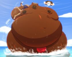 2boys bbm belly_bigger_than_body big_belly blue_sky brown_body brown_fur bulge carrying carrying_partner chubby chubby_anthro chubby_belly chubby_male clouds day daytime digital_drawing_(artwork) digital_media_(artwork) dog_boy dog_tail furry hand_on_belly jeffrey_beagle_(robthehoopedchipmunk) large_moobs mammal moobs moobs_bigger_than_head nipples non-human nose_ring obese obese_anthro obese_male ocean ocean_background ox parker_(caplessmtndew) robthehoopedchipmunk shiny_body short_hair size_difference sky wet wet_body