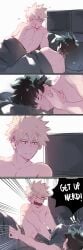 2boys 4koma bakudeku bakugou_katsuki blonde_hair boku_no_hero_academia bones_(company) completely_nude crispyfrites curly_hair freckles green_hair izuku_midoriya katsuki_bakugo messy_hair midoriya_izuku my_hero_academia nude pillow shounen_jump sleeping smile spiked_hair waking_up yaoi