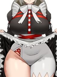 1girls alexandrina_sebastiane black_gloves buttons clothes_lift dress_lift eyes_out_of_frame grey_hair large_breasts lifting_own_clothes long_hair maid maid_uniform mommymilkers3k pantyhose partially_fingerless_gloves simple_background single_leg_pantyhose single_thighhigh smile solo thick_thighs thighs victoria_housekeeping white_background white_leggings zenless_zone_zero