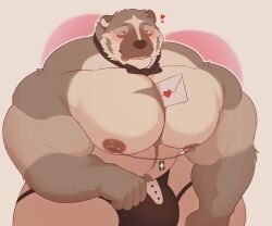 5_fingers absurd_res american_badger anthro areola badger barazoku between_pecs biceps big_bulge big_muscles big_pecs biped black_bow_tie black_clothing black_jockstrap black_nose black_underwear blush blush_lines bow_tie brown_body brown_eyebrows brown_fur brown_pubes bulge cheek_markings clothed clothed_anthro clothed_male clothing countershade_face countershade_fur countershade_torso countershading deltoids digital_media_(artwork) envelope eyebrows facial_markings fingers fur head_markings heart_symbol hi_res huge_muscles huge_pecs humanoid_hands hyper hyper_muscles jockstrap male male_anthro mammal markings multicolored_body multicolored_fur muscular muscular_anthro muscular_male mustelid musteline narrowed_eyes nipple_chain nipple_piercing nipples open_mouth open_smile pecs piercing pink_areola pink_nipples pink_tongue portrait print_clothing print_jockstrap print_underwear pubes red_eyes shaded simple_background smile solo tan_body tan_countershading tan_fur tan_inner_ear teeth theor theor_(character) three-quarter_portrait three-quarter_view tongue tongue_out topless topless_anthro topless_male trapezius triceps underwear