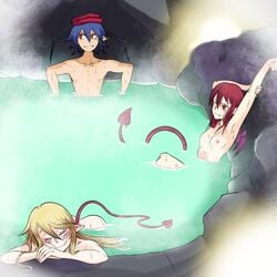 1boy 2girls arms_behind_back arms_up ass blue_hair blush disgaea etna flonne hot_spring indioweeaboo laharl laying long_hair onsen red_eyes red_hair relaxing sleeping small_breasts smile steam tail water wet wet_skin wings