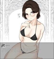 bikini black_bikini blush brown_eyes brown_hair cleavage fear_and_hunger fear_and_hunger:_termina female female_only glasses looking_at_viewer medium_breasts olivia_(fear_and_hunger) pale-skinned_female pale_skin short_hair smile solo sweat