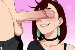 1girls admiring age_difference ai ai_generated ayase_momo big_breasts big_penis black_shirt bra_strap brown_hair busty cheating cheating_female cheating_girlfriend cleavage cute dandadan earrings imminent_oral looking_at_penis loose_clothes messy_hair momo_ayase muscular_male netorare ntr off_shoulder older_male penis_over_eyes plain_background precum precum_drip thick_penis younger_female