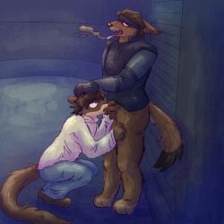 1:1 2025 anthro artist_name ass balls body_hair bottomwear brown_body brown_fur brown_hair canid canine canis chemicalcreature cigarette cigarette_smoke clothed clothing colored costume coydog coyote crouching denim denim_bottomwear denim_clothing digital_drawing_(artwork) digital_media_(artwork) duo eyelashes fangs fellatio fur genitals gloves grey_clothing grey_outfit hair hairy_balls hand_on_head hand_on_leg hand_on_penis handwear headgear headwear hybrid inside jacket jeans kerchief konami looking_at_another looking_at_partner looking_up male mammal metal_gear mustelid open_mouth oral otacon otter pants pants_off pantsless penile penis plantigrade pubes sex shaded signature smoke smoking solid_snake stubble teeth text topwear uniform vest watermark