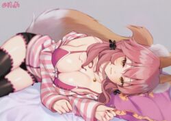 animal_ears bed_sheet black_legwear black_thighhighs bra breasts cleavage clothing fate/extra fate_(series) female fox_tail grey_background hoodie jewelry kitsunemimi large_breasts lingerie long_hair long_sleeves looking_at_viewer lying necklace off_shoulder on_side pillow pink_bra pink_hair simple_background smile solo striped striped_sweater sweater tagme tail tamamo_no_mae_(fate) thighhighs underwear yellow_eyes you06