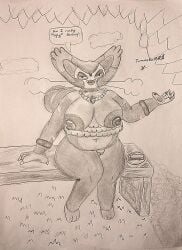 anthro bench bread breasts chubby claws completely_nude completely_nude_female fat felid feline felis female food furry jewelry obese obese_female outdoors pokemon purugly pussy question rich_girl terminatormkii traditional_media_(artwork)