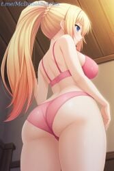 1female 1girls ai_generated ass back bare_shoulders blonde_hair blue_eyes blush bra braid breasts ceiling closed_mouth commentary_request cowboy_shot darkness_(konosuba) female female female_focus female_solo from_behind from_below indoors kono_subarashii_sekai_ni_shukufuku_wo! large_breasts long_hair panties pink_bra pink_panties ponytail shoulder_blades smile solo stable_diffusion standing strap_gap thighs underwear underwear_only zelanell