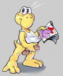 3_toes accessory anthro anus balls birdo blush bodily_fluids bow_ribbon darkened_balls darkened_genitalia darkened_penis darkened_perineum embarrassed feet flindasaur foreskin genital_fluids genitals glans gynomorph hair hair_accessory hair_ribbon hairbow hi_res intersex koopa koopa_troopa leaking_precum long_foreskin magazine male mario_bros masturbation nintendo penis precum ribbons scalie solo spread_anus spreading sweat sweatdrop toes