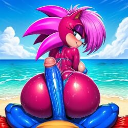 ai_generated ass ass_focus beach beach_background beach_towel bikini blue_body breasts buttjob couple female green_eyes huge_cock imminent_penetration imminent_sex incest incest_(lore) long_penis looking_at_partner looking_at_viewer looking_back magenta_fur male male/female oiled_skin outdoors penis pink_hair sand sea sex siblings sitting sling_bikini sonia_the_hedgehog sonic_(series) sonic_the_hedgehog sonic_the_hedgehog_(series) sonic_underground straight veiny_penis