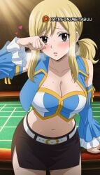 ai_generated belt belt_buckle black_skirt blonde_hair blush breasts breath brown_eyes buckle cleavage collarbone cowboy_shot crop_top detached_sleeves fairy_tail female heart large_breasts long_hair looking_at_viewer lucy_heartfilia meitabuu midriff miniskirt navel parted_lips pencil_skirt sidelocks skirt solo sweat tears white_belt