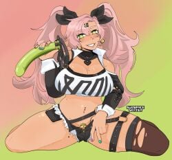 belly_button_piercing chastity_cage dildo female fully_clothed nicole_demara subspaceskater trans_woman twintails unbuttoned_shorts zenless_zone_zero