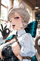 ai_generated busty catgirl curvy curvy_figure genshin_impact hoyoverse huge_breasts implied_oral lynette_(genshin_impact)
