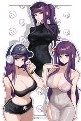 1girls :/ :t anger_vein arm_behind_back baseball_cap black_bra black_dress black_hat black_shorts bra breasts cleavage closed_mouth commentary covered_navel cowboy_shot dolphin_shorts dress english_commentary eyewear_on_head female fern_(sousou_no_frieren) finger_heart grey_dress hand_up hat hat_writing headphones highres inhoso instagram_logo large_breasts legs_together long_hair multiple_views outline patreon_logo ponytail pout purple_eyes purple_hair shiny_skin short_shorts shorts side_slit sidelocks sleeveless sleeveless_dress smartwatch sousou_no_frieren spaghetti_strap standing sunglasses sweat taut_clothes taut_dress twitter_logo underwear v-shaped_eyebrows very_long_hair watch white_outline wide_hips wristwatch