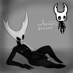 big_cock big_penis black_and_white black_body black_eyes bug bug_girl female heart-shaped_pupils hollow_knight horns inaccurate_proportions insects lore_inaccurate oc_character oc_request touching_penis