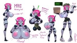2022 5_fingers absurd_res areola ball_joints big_areola big_breasts big_nipples bottomwear box bra breast_drop breasts cardboard cardboard_box circle_eyebrows clothed clothed_female clothed_humanoid clothing clothing_lift container dated delivery_(commerce) delivery_employee dialogue digital_media_(artwork) directional_arrow exclamation_point eyebrow_through_hair eyebrows eyelashes eyelashes_through_hair female female_humanoid fingers footwear full-length_portrait gattles genitals gesture green_clothing green_eyes green_hat green_headwear green_text hair hands_on_hips hat headgear headwear hi_res holding_box holding_breast holding_container holding_object holding_package huge_breasts humanoid knocking looking_at_breasts looking_at_own_breasts looking_at_self looking_at_viewer looking_back machine magenta_text model_sheet mre_(gattles) nipples not_furry nude nude_female nude_humanoid onomatopoeia packagae pink_areola pink_eyebrows pink_hair pink_nipples portrait purple_text pussy robot shirt shirt_lift shoes short_stack side_view signature simple_background small_waist solo sound_effects speech_bubble sports_bra text topwear translucent translucent_hair underwear vulva white_background white_clothing white_footwear white_shirt white_shoes white_topwear