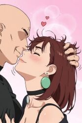 1girls age_difference ai ai_generated ayase_momo bald_male big_breasts black_shirt bra_strap brown_hair busty cheating cheating_female cheating_girlfriend cleavage cute dandadan earrings envia flirting hair_grab head_grab loose_clothes messy_hair momo_ayase muscular_male netorare ntr off_shoulder older_male plain_background younger_female