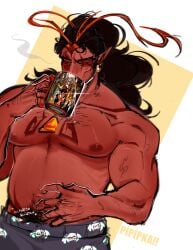 black_hair burning_spice_cookie cookie_run cookie_run_kingdom dad_bod drinking happy_trail muscular muscular_male pipipka ponytail red_body tattoos