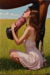 ai_generated bob_cut cock_worship digital_painting_(artwork) equine_penis freckles horse_penis horsecock horsegirl massive_penis meadow monster_cock sundress teenage_girl