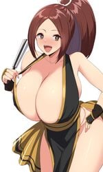 bare_legs bare_shoulders breasts brown_eyes brown_hair fatal_fury female huge_breasts king_of_fighters kloah long_hair looking_at_viewer mai_shiranui no_bra no_panties no_underwear open_mouth ponytail revealing_clothes smile solo source_request white_background