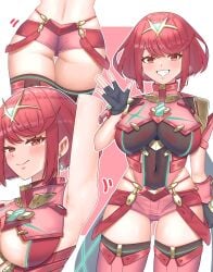 arm_up armpits ass black_gloves blush border breasts chest_jewel closed_mouth core_crystal covered_erect_nipples cowboy_shot earrings eyelashes female fingerless_gloves gloves gluteal_fold gold_trim hand_up highres impossible_clothes jewelry large_breasts looking_at_viewer medium_breasts meipasuye micro_shorts multiple_views pink_background pink_shorts pink_thighhighs pyra red_eyes red_hair shorts skindentation smile swept_bangs teeth thighhighs thighs white_border xenoblade_(series) xenoblade_chronicles_2
