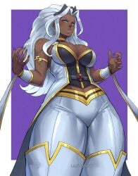 1girls animification blue_eyes breasts cape cleavage dark-skinned_female dark_skin earrings female highres jewelry large_breasts long_hair looking_at_viewer luchidart marvel marvel_tokon:_fighting_souls short_hair solo storm_(x-men) superhero_costume very_dark_skin white_hair x-men