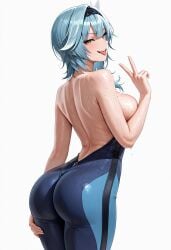 ai_generated ass eula_(genshin_impact) genshin_impact huge_ass leggings looking_at_viewer medium_breasts open_mouth sweat thick_thighs tongue_out v wet white_background yoga_pants