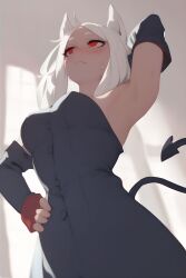 1girls ai_generated armpits arms_up cerberus_(helltaker) clothing demon demon_girl detached_sleeves dog_ears dog_girl female female_only helltaker long_hair red_eyes solo white_hair
