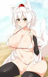 1girls animal_ears animal_humanoid big_breasts black_thighhighs blush breasts female fluffy_ears fluffy_tail houkai_(collapse_illust) kemonomimi large_breasts light-skinned_female light_skin momiji_inubashiri smile solo swimsuit tagme thighhighs touhou white_fur white_hair wolf_ears wolf_tail yellow_fur