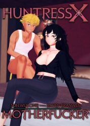1boy 1girls age_difference arrancon black_hair black_hair_female blonde_hair blue_eyes breasts cleavage cover_page female half-dressed half_naked half_naked_male long_hair long_hair_female male milf nipple_slip no_pants pose posing raven_branwen red_eyes rwby sun_wukong_(rwby)