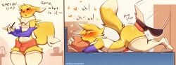 absurd_res anal anal_sex animal_genitalia anthro bandai_namco bed blush blush_lines bottomless bulge closed_eyes clothed clothing comic dialogue digimon digimon_(species) disembodied_penis doggy_style duo english_text femboy femboy_hooters from_behind_position furniture genderswap_(ftm) genitals handwear heart_symbol hi_res huge_filesize inside knot knotting legwear looking_at_viewer looking_pleasured lying male male/male moan mostly_offscreen_character nepentz on_bed on_front open_mouth penetration penile penile_penetration penis penis_in_ass question_mark raised_tail renamon rule_63 sex shaded sheath simple_background standing stockings tail text tongue tongue_out url waiter