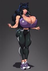 ai_generated big_breasts bimbo black_hair blake_belladonna cat_ears catgirl cleavage massive_breasts ptriot_arc rwby workout_clothes
