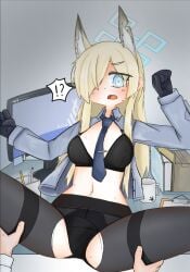 !? animal_ears black_bra black_panties black_underwear blonde_hair blue_archive blue_eyes bow_panties cardboard_box clipboard coffee_mug computer computer_monitor hair_over_one_eye halo k-chronos kanna_(blue_archive) long_hair necktie necktie_between_breasts on_table open_clothes open_mouth open_shirt pencil public_peace_bureau_(blue_archive) sweat thigh_grab thighband_pantyhose torn_clothes torn_pantyhose valkyrie_police_school_student
