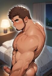 1boy ai_generated aimensfactory arm_hair ass back back_muscles bara big_muscles big_pecs big_penis blush brown_hair chest_hair daddy dilf erection flexing hair hairy hairy_male huge_cock human hunk male male_only muscular muscular_human muscular_male nipples nude pecs penis pubic_hair solo yaoi
