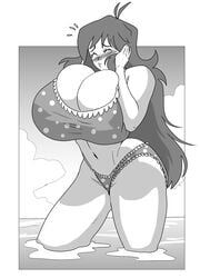 embarrassed harorlood huge_breasts jess_samson polka_dot_swimsuit