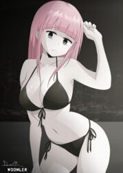 bikini black_bikini black_panties blossom_hope breasts grey_eyes looking_at_viewer medium_breasts pink_hair sakura_kawakami signature thick_thighs watermark white_skin woomler