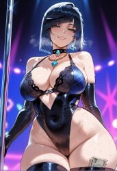 1girls ai_generated armpits bangs bare_shoulders black_gloves black_hair black_legwear black_leotard black_thighhighs blue_hair blue_leotard blush bob_cut breasts choker clavicle cleavage clothing covered_navel curvaceous curvaceous_female curvaceous_figure curvy curvy_figure diagonal_bangs dice earrings elbow_gloves female female female_focus female_only genshin_impact gloves green_eyes grin highleg highleg_leotard inviting inviting_to_sex jewelry large_breasts legwear leotard looking_at_viewer miyuai mole mole_on_breast multicolored_hair navel necklace parted_lips pole presenting presenting_ass presenting_breasts presenting_hindquarters presenting_self seductive seductive_look seductive_smile short_hair skindentation smile solo standing stripper_pole sweat thick_thighs thighhighs thighs voluptuous voluptuous_female wet wide_hips yelan yelan_(genshin_impact)