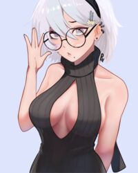 black_hairband breasts female female_focus female_only hairband hairclip mole_under_mouth nier nier:_automata pietheunusual round_glasses short_hair solo_female white_hair yorha_2b